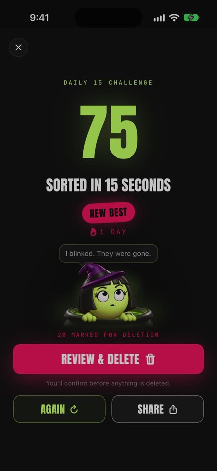 Daily 15 Challenge end screen: 75 sorted in 15 seconds, a new best, and Lumina saying I blinked. They were gone.