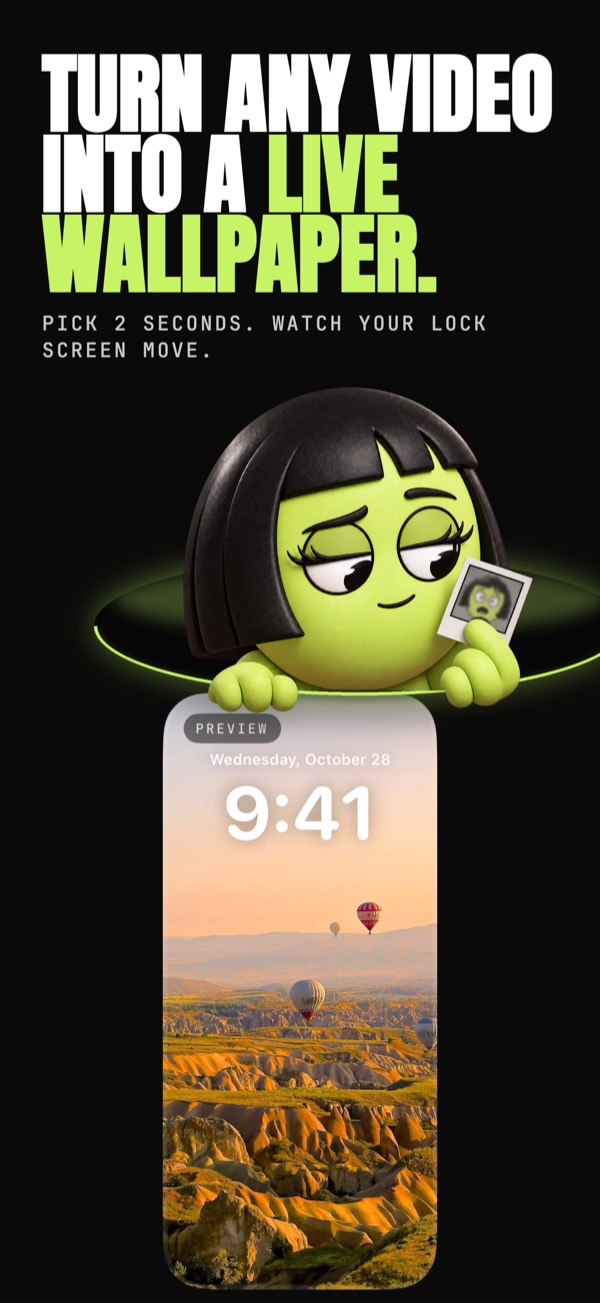 LuminaClean Live Wallpaper screen: a Lock Screen preview of a hot-air-balloon video, captioned Turn any video into a Live Wallpaper