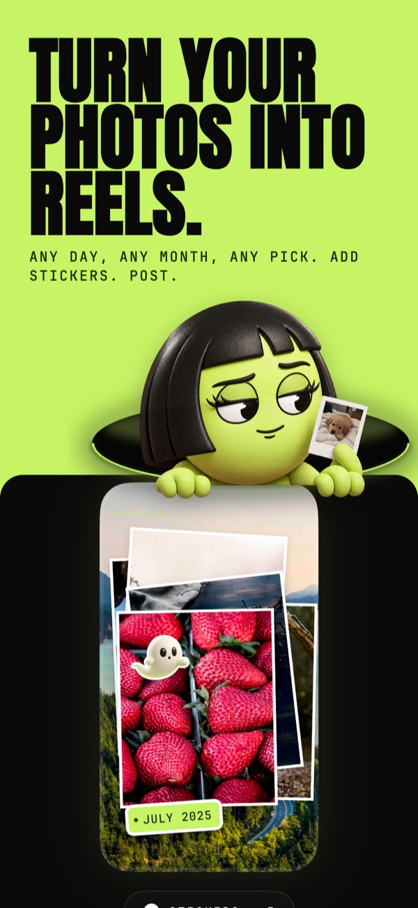 LuminaClean Memory Reel screen: stacked photos with a ghost sticker and a July 2025 label, captioned Turn your photos into reels