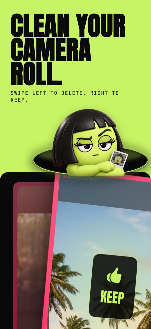 LuminaClean swipe screen: a palm-tree photo card marked KEEP, captioned Clean your camera roll. Swipe left to delete. Right to keep.
