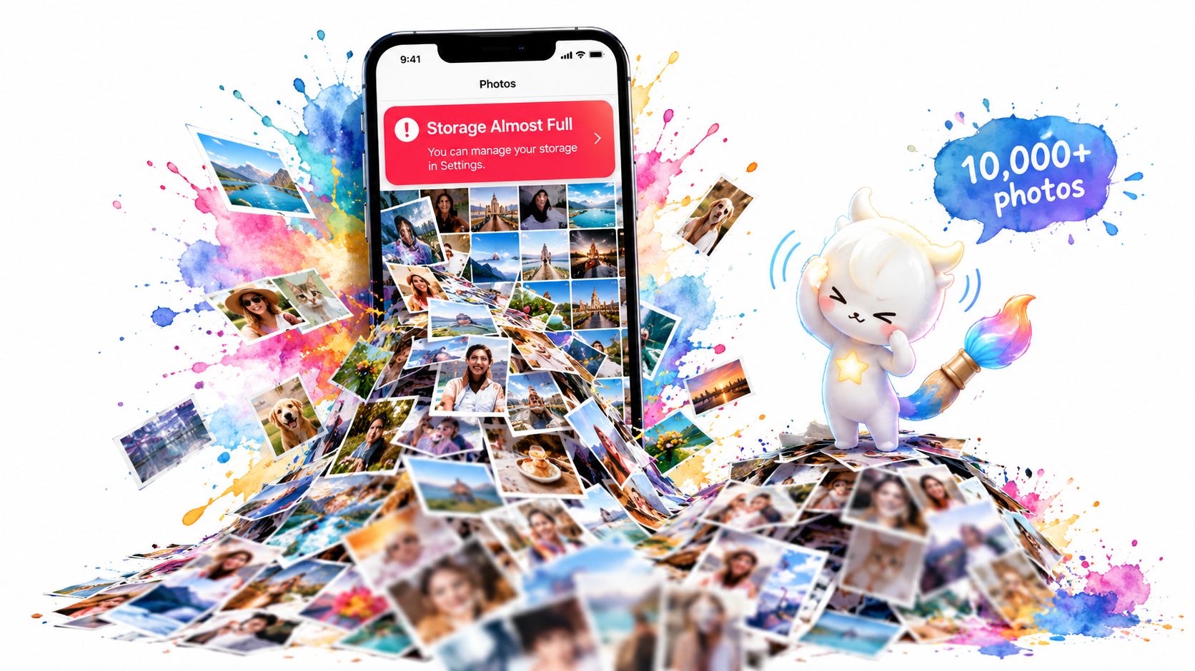 An iPhone displaying a storage almost full warning with thousands of photos overflowing from the screen.