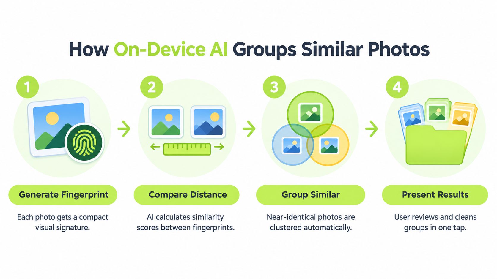 An infographic showing the four-step on-device AI process for grouping and organizing similar photos.