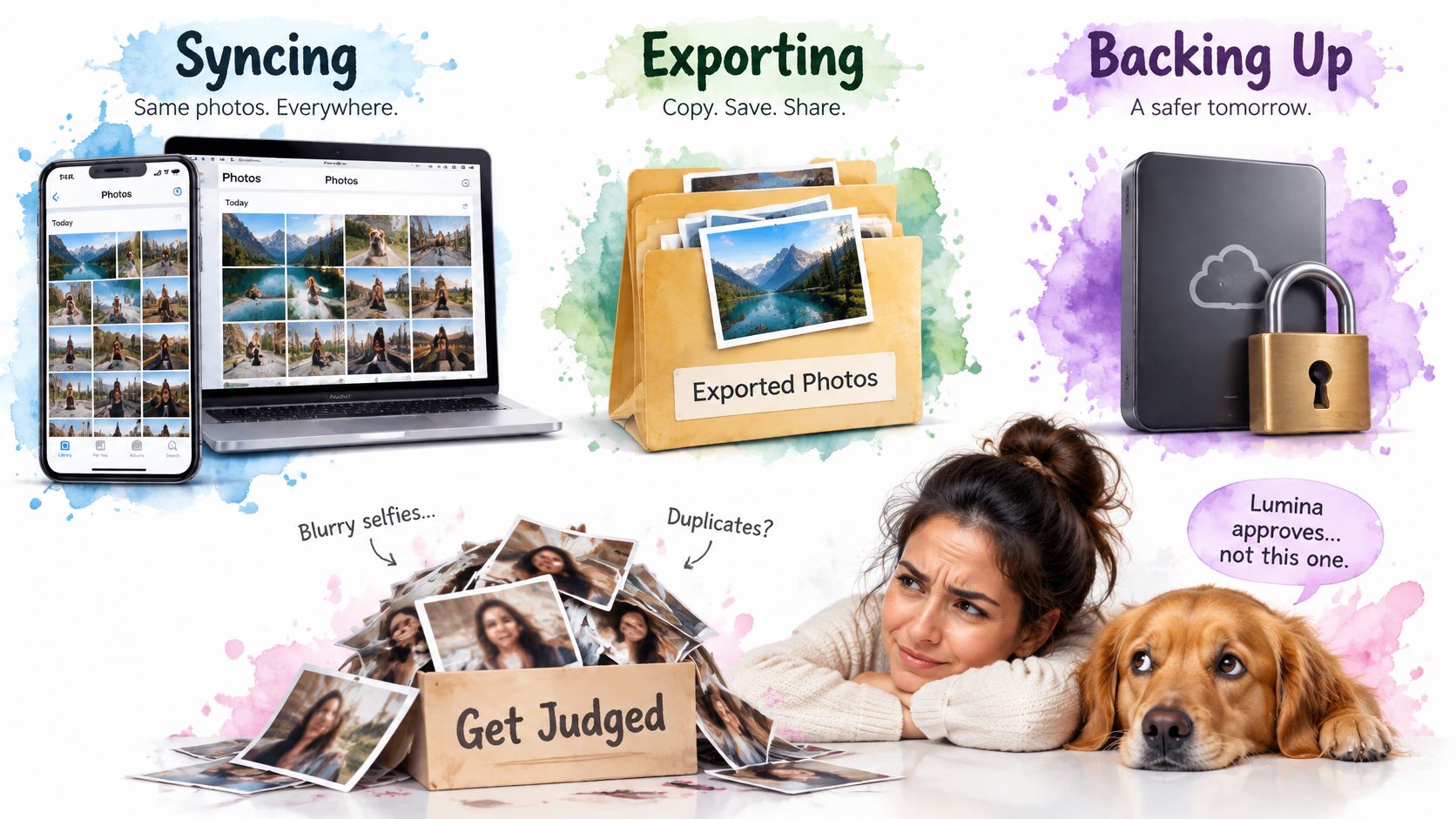 A digital infographic comparing photo syncing, exporting, and backing up, alongside a woman and dog sorting photos.