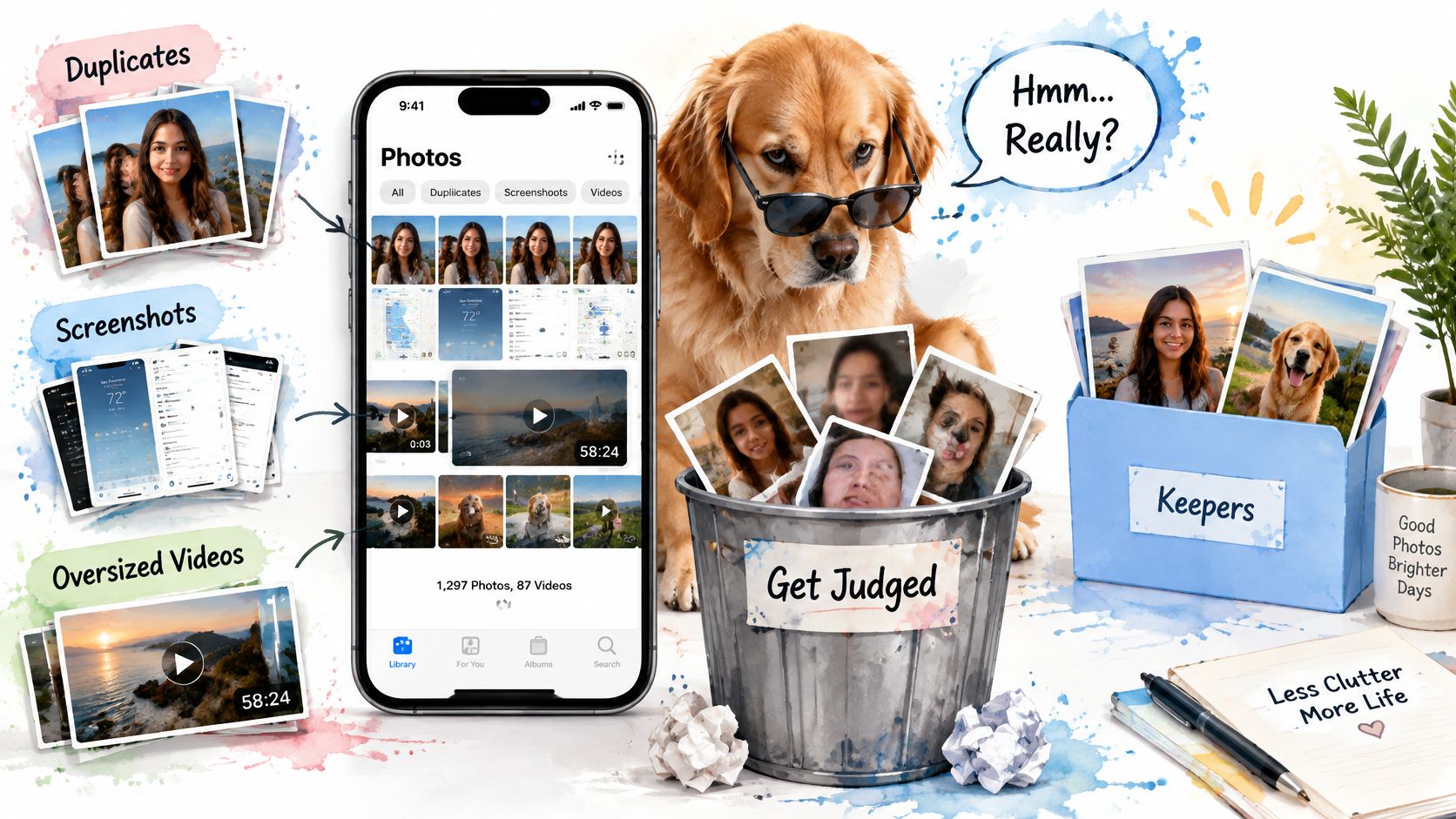 A golden retriever wearing sunglasses judging and organizing smartphone photos into categories like duplicates and keepers.