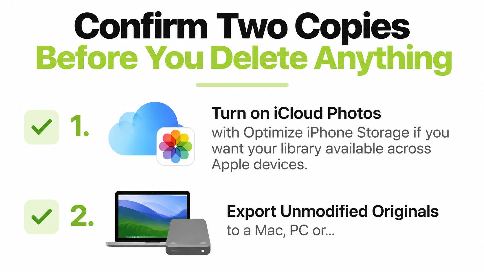 A graphic advising to confirm two copies of your photos before deleting them from your iPhone.