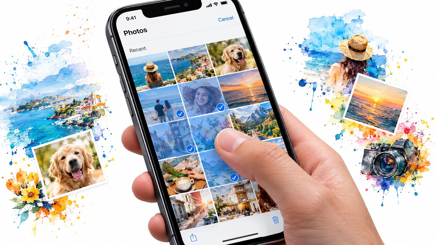 A hand holding an iPhone while selecting multiple images from the gallery for deletion.