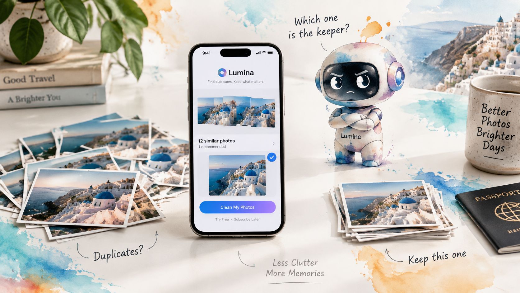 A smartphone running the Lumina duplicate photo remover app alongside printed photographs and a cute robot character.