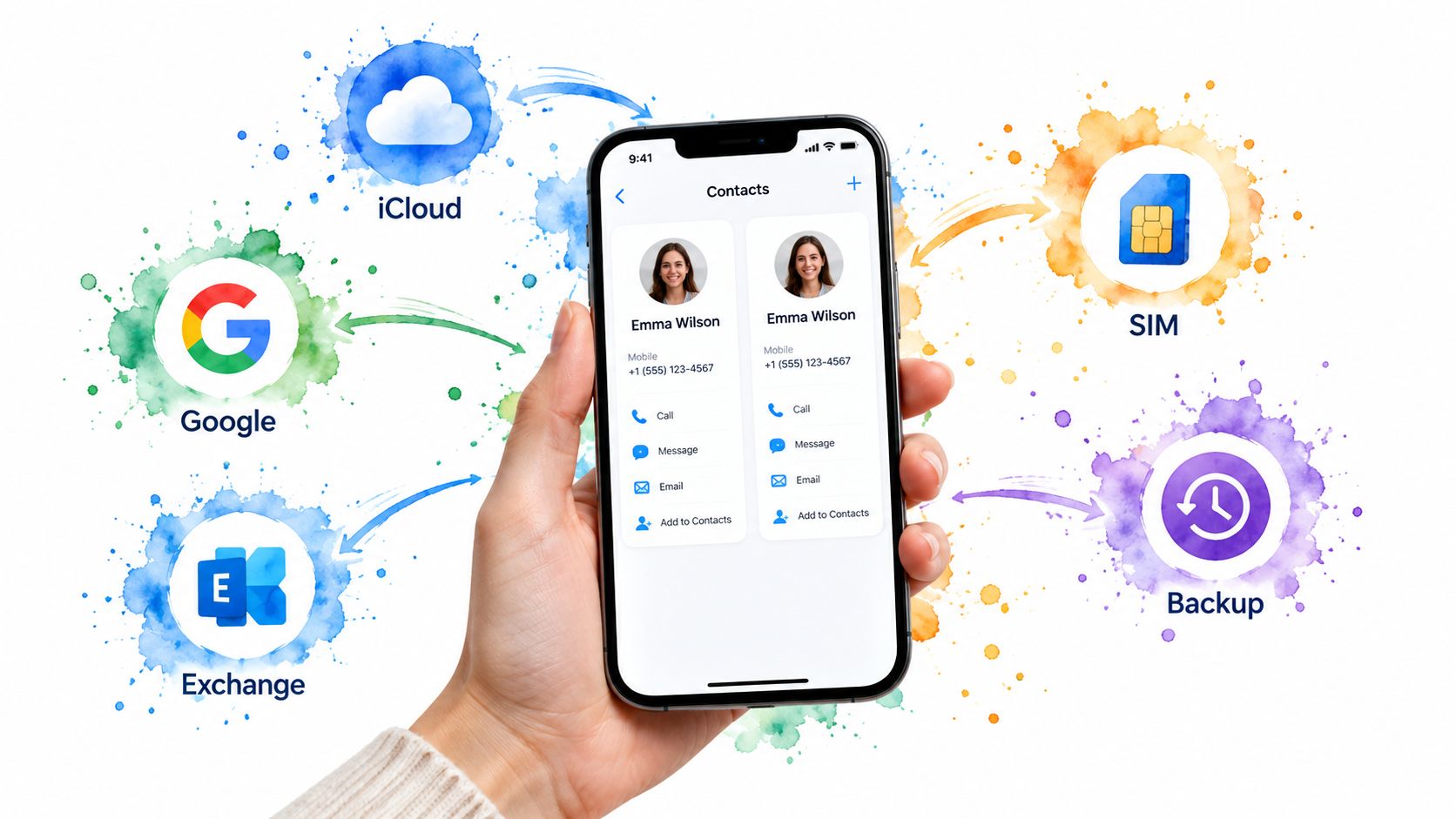 A hand holding a smartphone showing duplicate contact entries with icons representing various cloud syncing services.