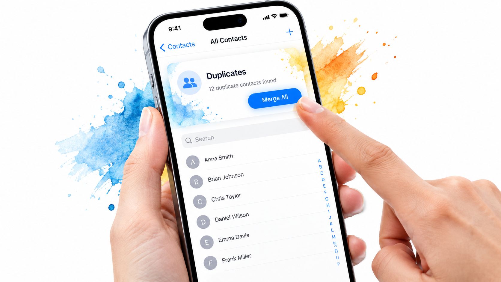 A person holding a smartphone showing the contact app interface with a prompt to merge duplicate contacts.