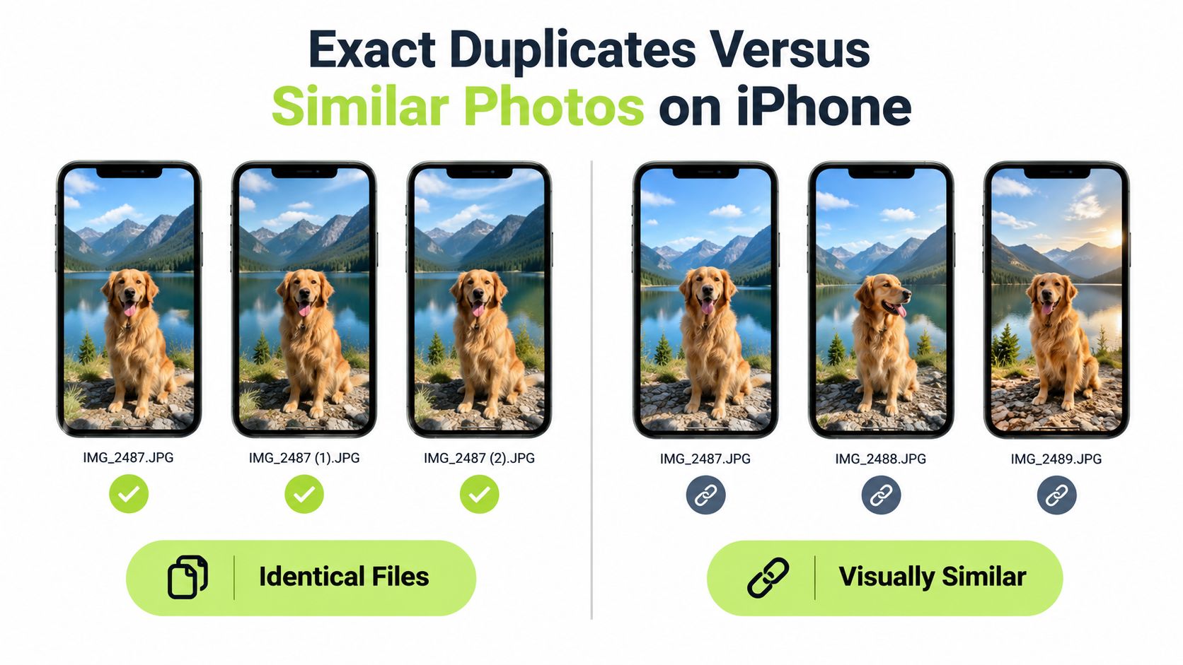 A comparison illustration showing identical image files versus visually similar photos displayed on iPhone screens.