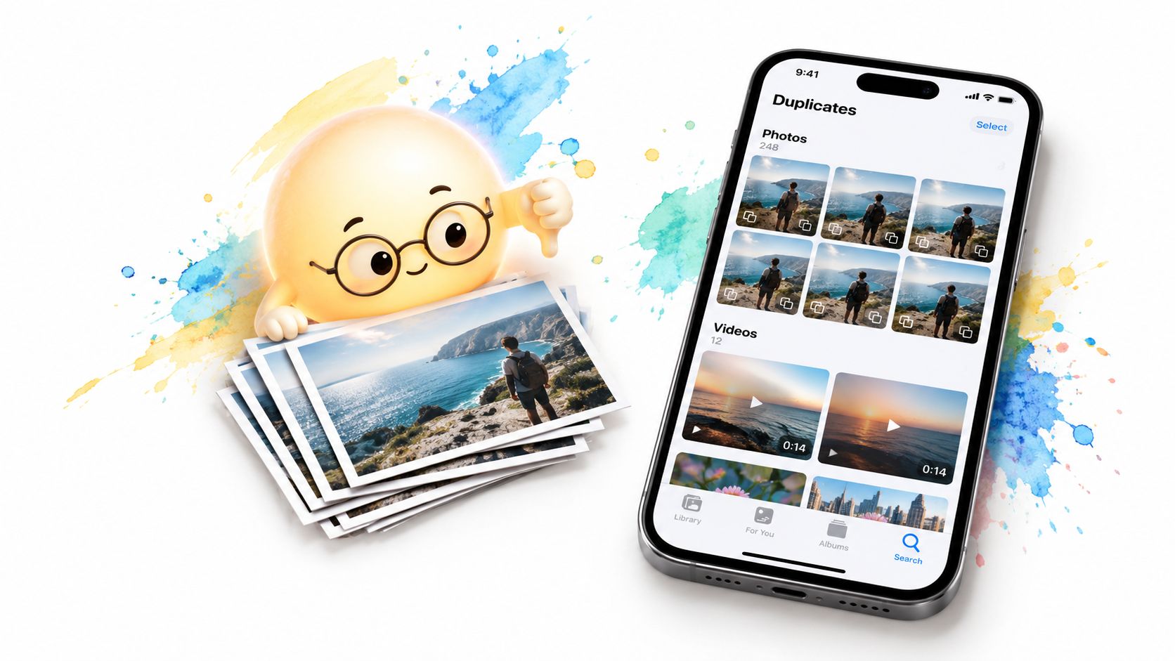 A 3D character holding a stack of printed photos next to a smartphone displaying duplicate photo management.