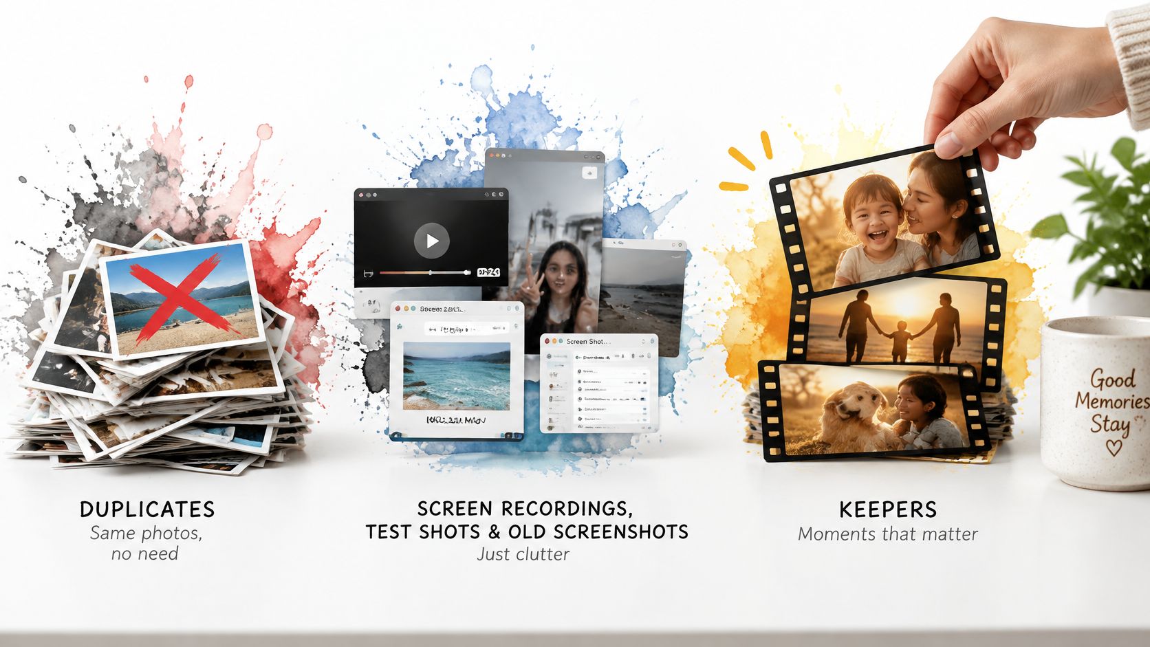 A digital graphic demonstrating how to organize photos by removing duplicates, clutter, and keeping meaningful memories.