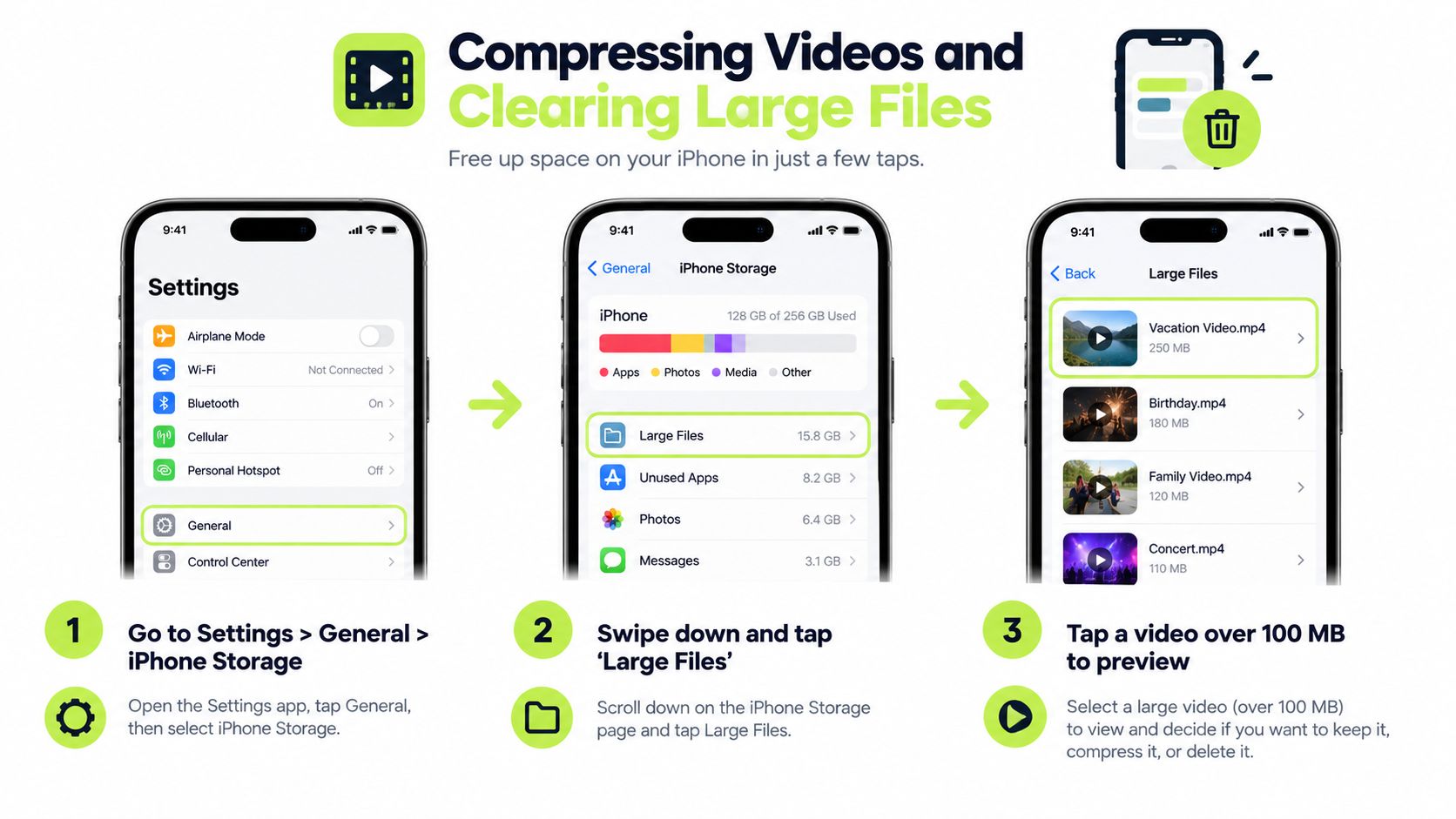 A step-by-step guide on how to free up space on an iPhone by managing large video files.