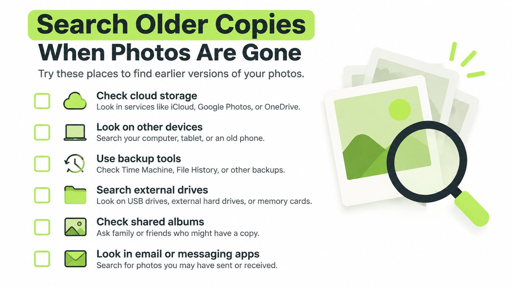 An infographic titled Search Older Copies When Photos Are Gone with six actionable tips for recovering lost photos.