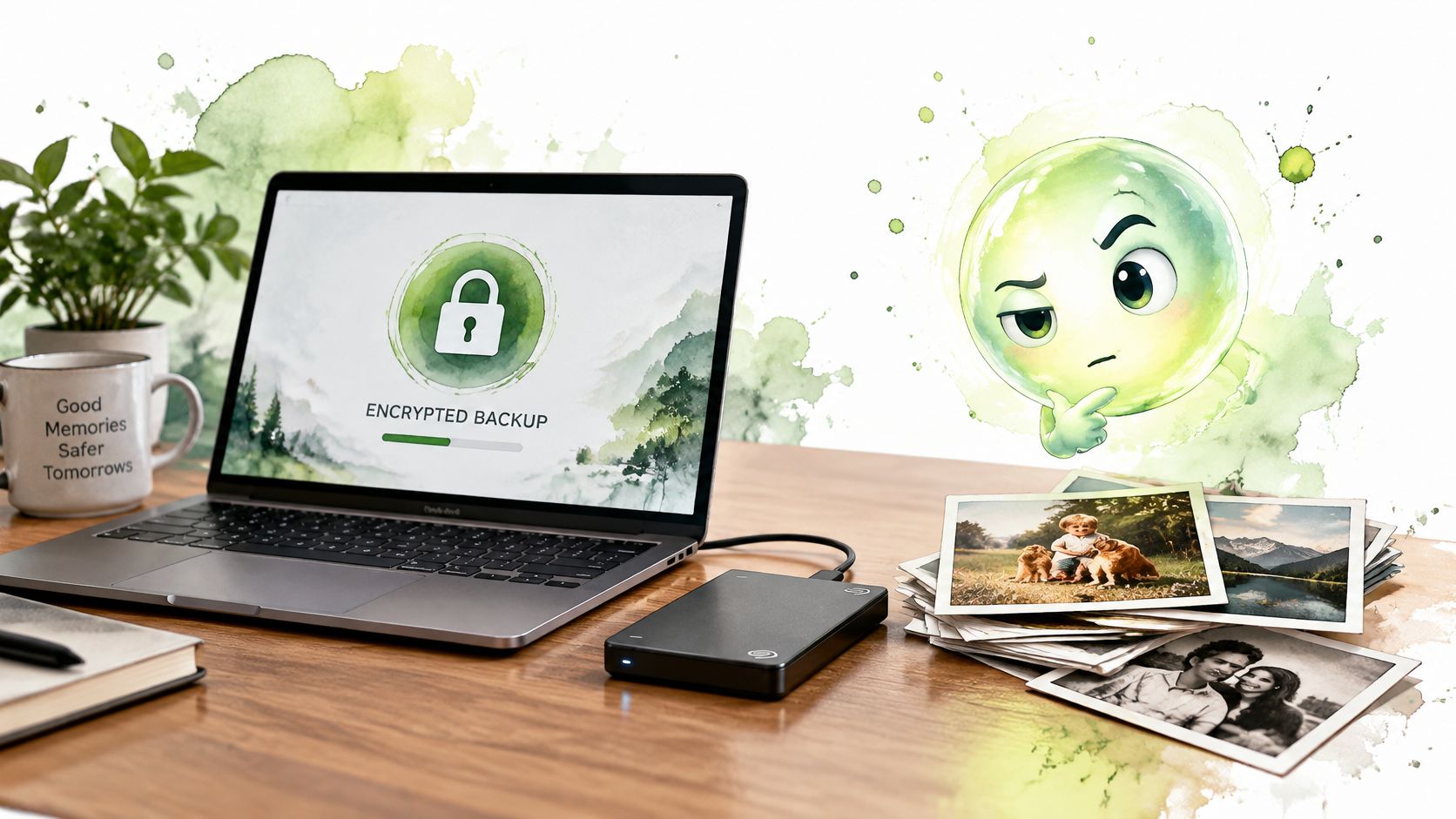 A laptop performing an encrypted backup to an external hard drive with photos scattered on a desk.