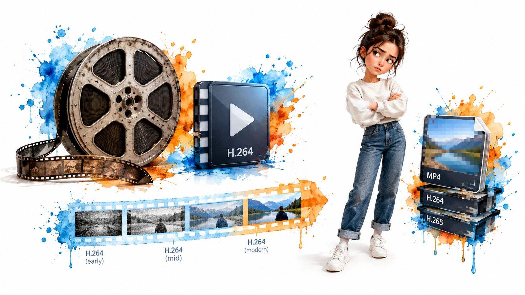 An illustration showing the evolution of video compression formats with film reels, digital icons, and a character.