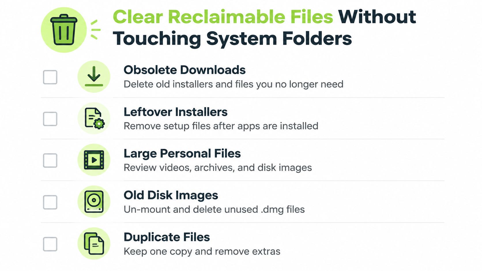 A list of file categories on a Mac that can be safely deleted to free up space.