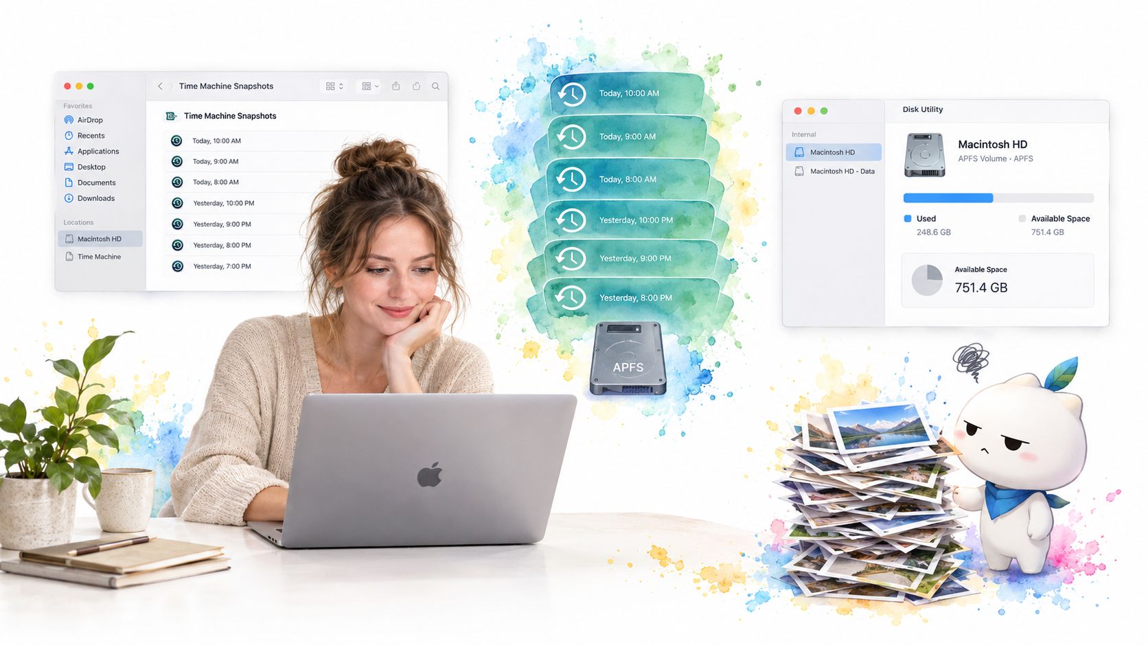 A woman working on a Mac laptop with visual elements depicting Time Machine snapshots and disk storage management.