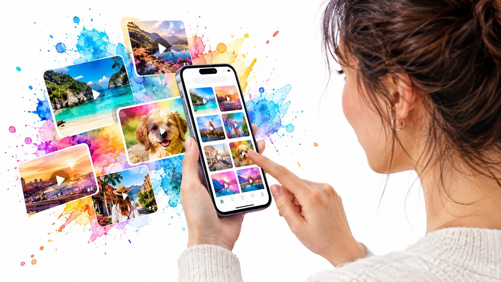 A person browsing a video gallery on their smartphone with colorful abstract digital art elements.