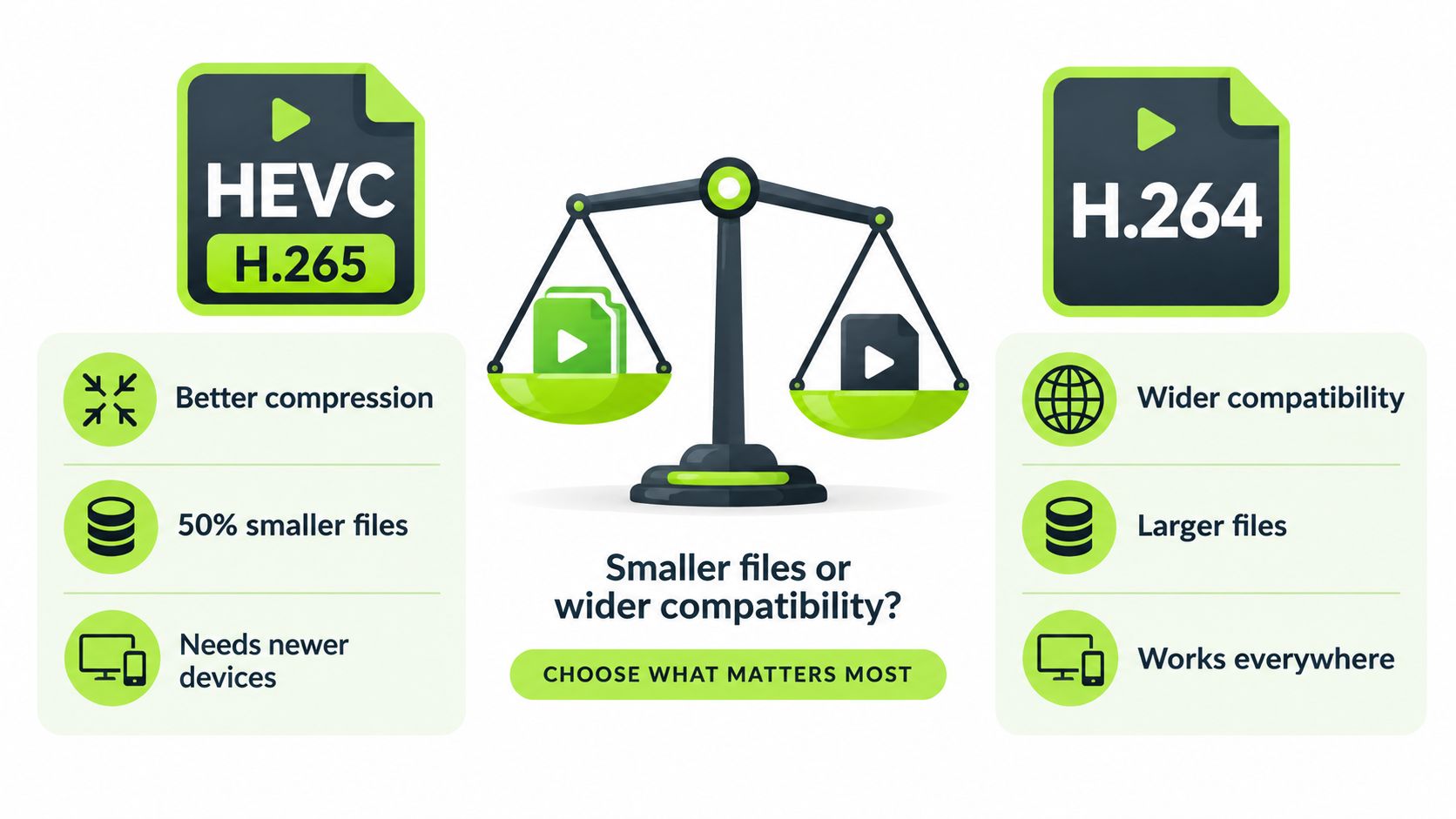 A comparison infographic between HEVC H.265 and H.264 video formats highlighting compression, file size, and device compatibility.