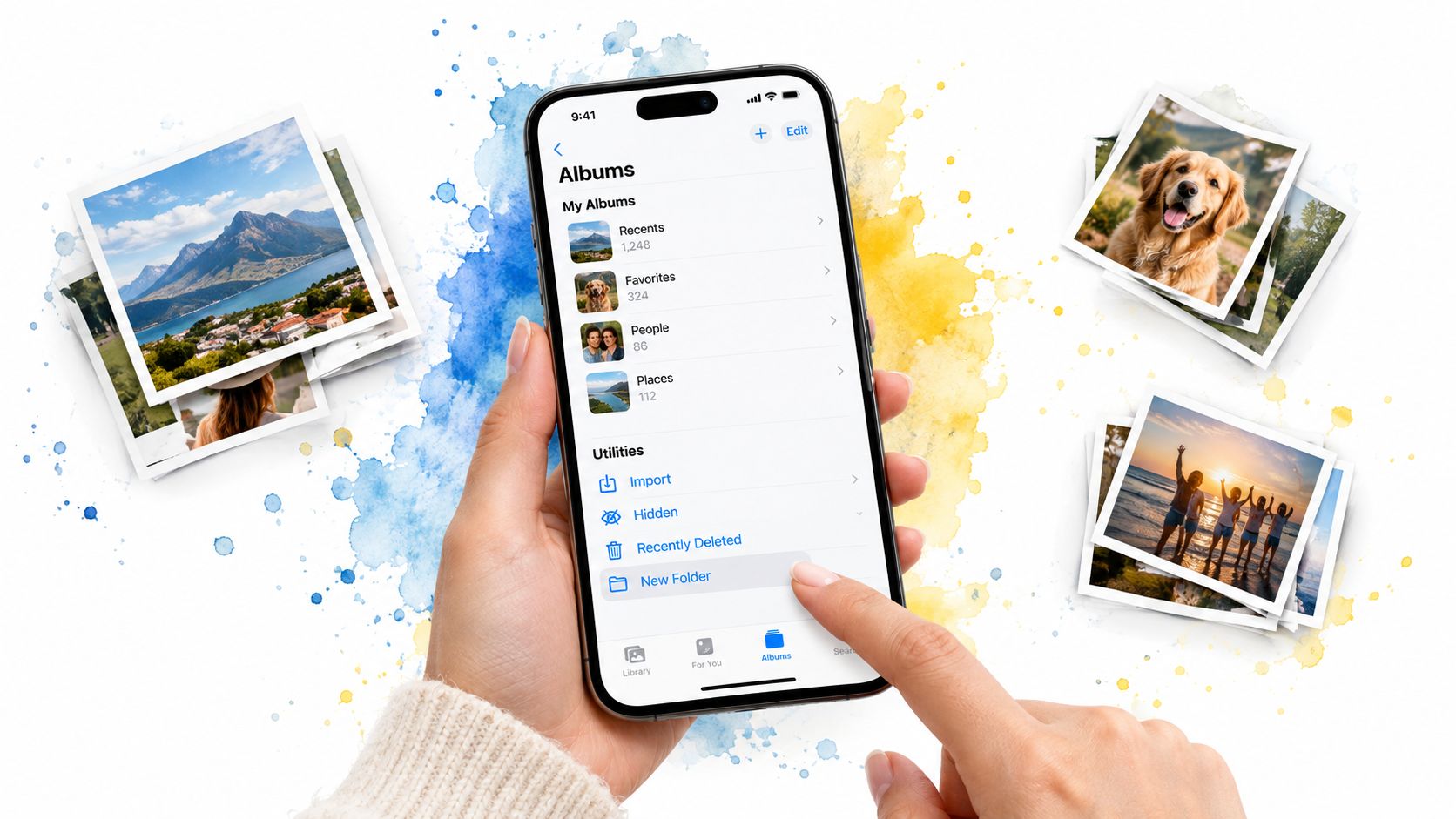A person holding a smartphone and navigating the photo album organization menu on an iPhone display.