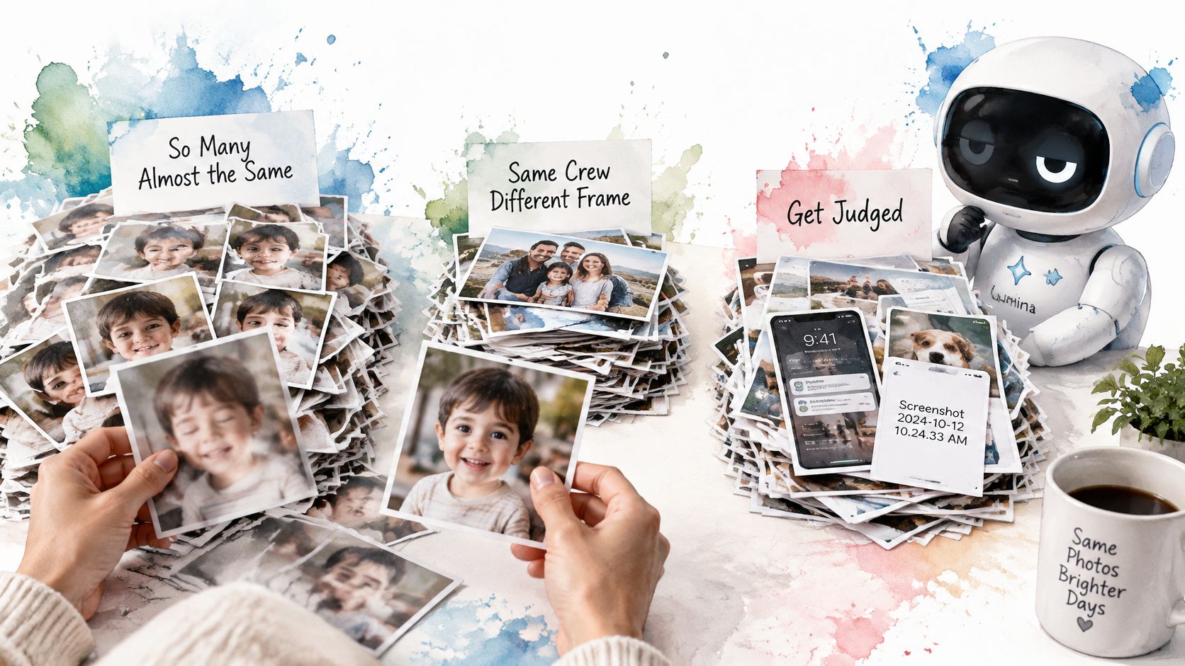 A person organizing piles of printed photos on a desk while a friendly white robot watches nearby.