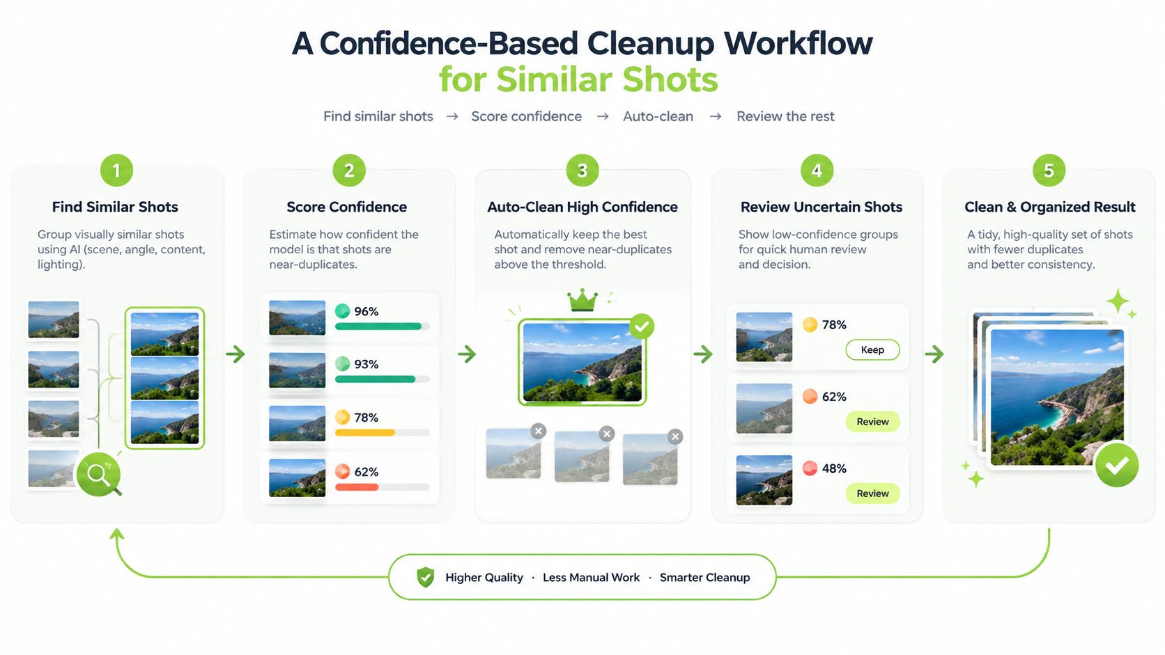 A five-step workflow diagram illustrating an AI-based process to automatically identify, score, and organize similar photos.