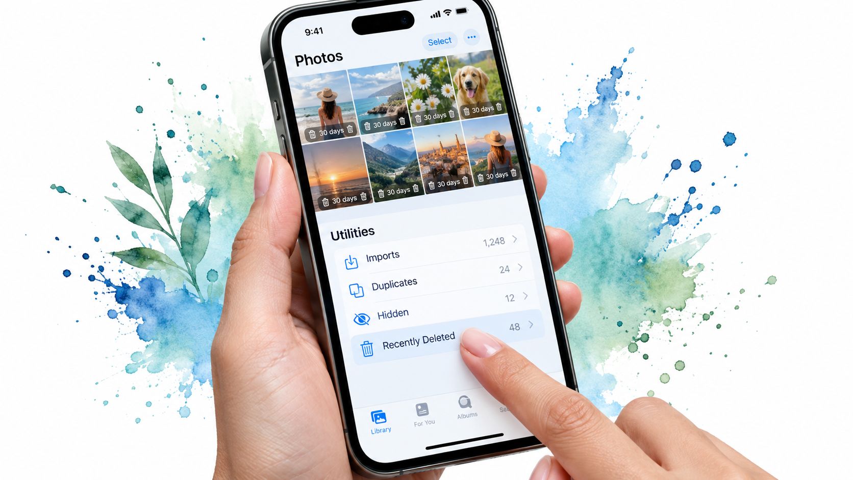 A person holding an iPhone displaying the Recently Deleted folder within the iOS Photos app interface.