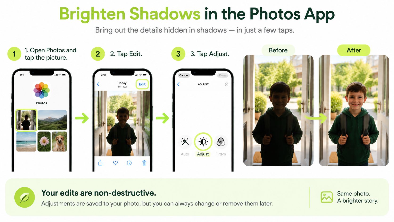 A step-by-step guide on how to brighten shadows and edit photos using the iPhone Photos app.