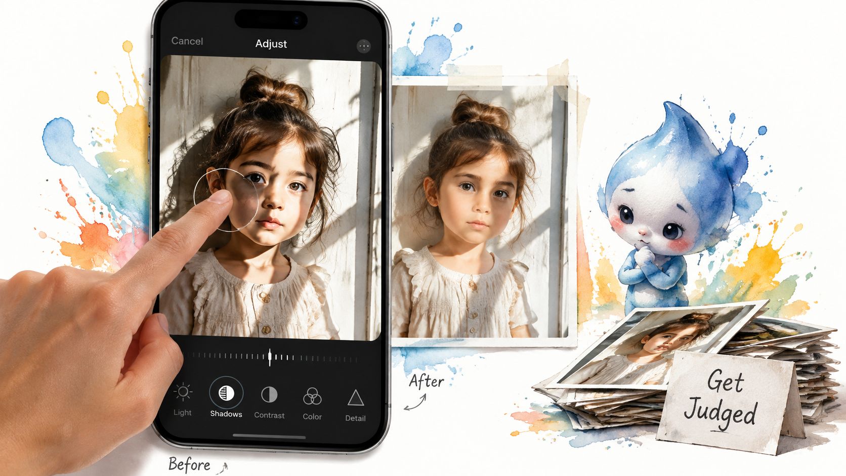 A person using an iPhone app to remove shadows from a portrait of a young girl.