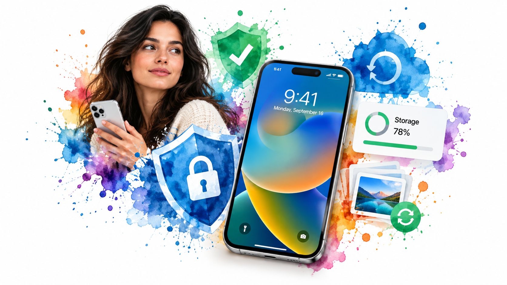 A woman holding a smartphone next to a large digital screen showcasing security and cloud storage icons.