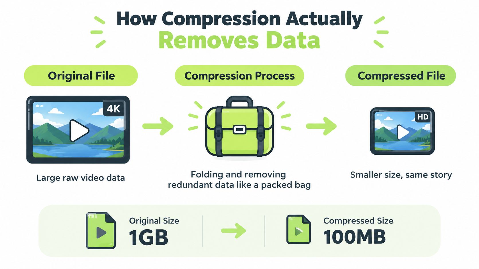 An infographic showing how video compression reduces file size from 1GB to 100MB by removing redundant data.