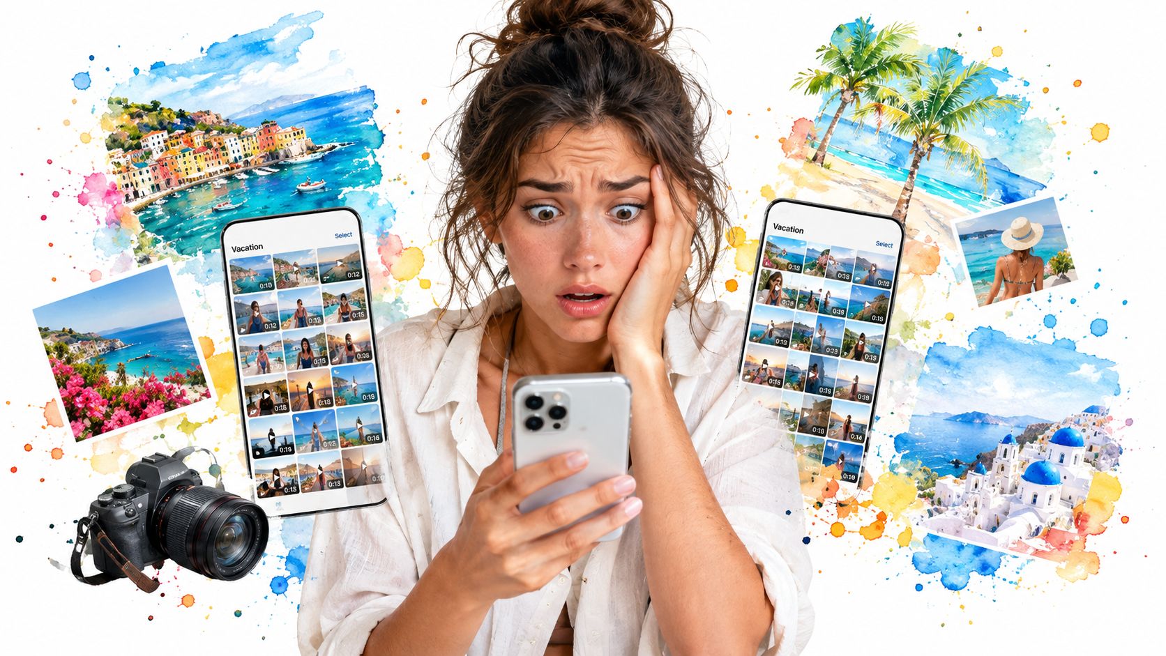 A woman looks stressed while viewing a large collection of vacation videos on her smartphone screen.