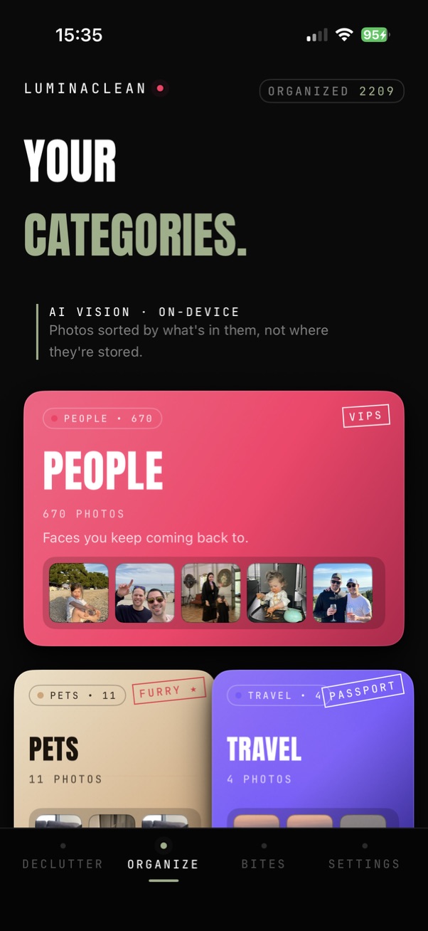 LuminaClean Smart Categories: AI-sorted albums like People, Pets and Travel