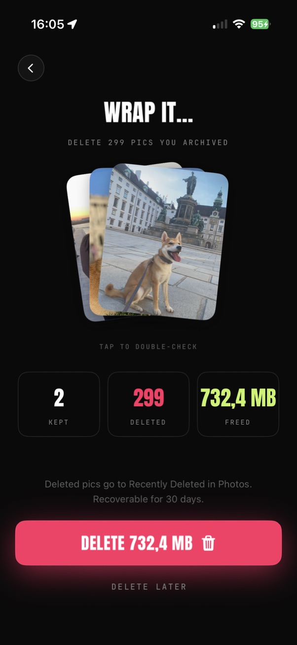 LuminaClean review screen: photos kept, deleted and storage freed before confirming